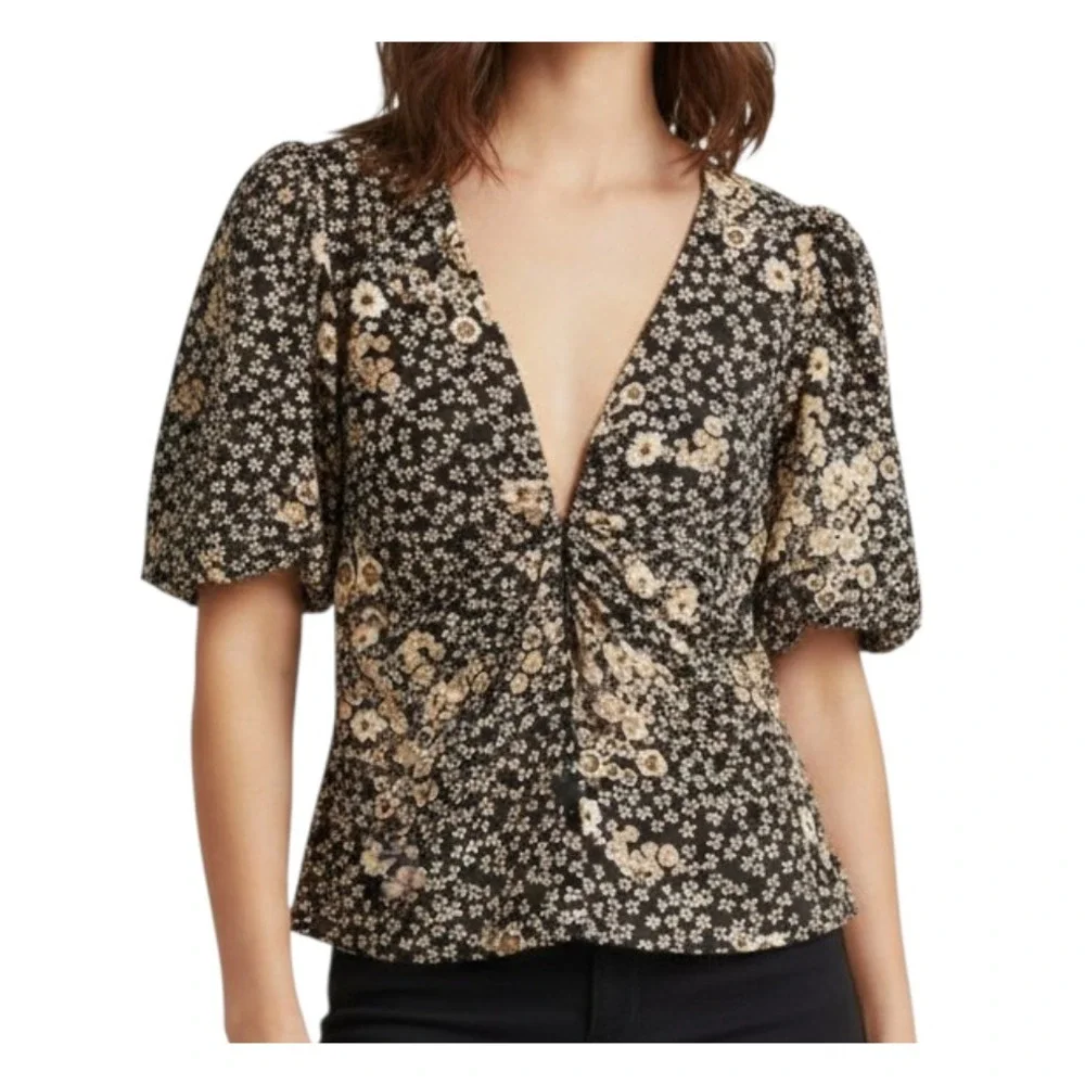 ASTR THE LABEL Black/Tan Floral Crepe PUFF SLEEVE V-NECK TOP Blouse Party SZ XS